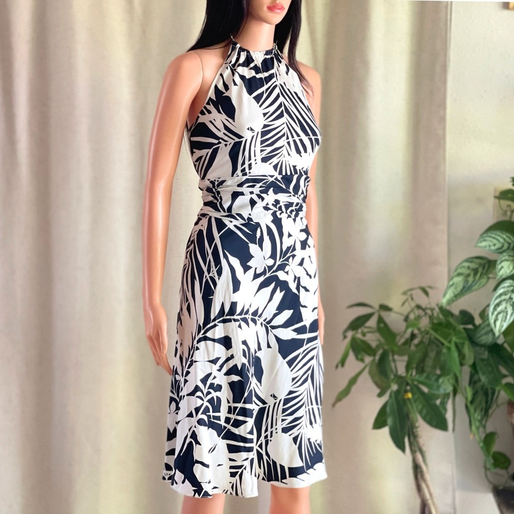 Vtg Y2K Ann Taylor Silk Halter Dress Navy Blue White Tropical Palm Leaf Print 2